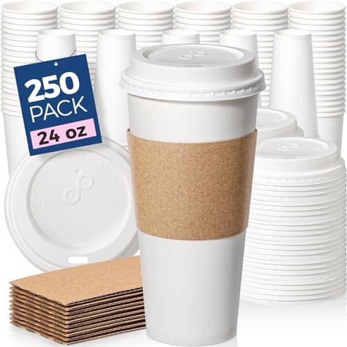Fit Meal Prep 250 Pack 24 oz Disposable Coffee Cups with Lids, Sleeves, Leak-Proof To Go Coffee Cups with Lids, Durable Hot Paper Cups for Home, Office, Party, Business
