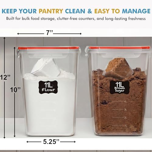 Shazo 2 PC (11L | 372 oz) Flour Sugar Storage Containers with Easy Carry Handle - Plastic Extra Large Food Storage Containers with Lids for Rice Cereal, BPA Free & Airtight Kitchen Pantry Organization