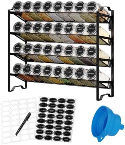 Simple Trending 4-Tier Spice Rack Organizer, Spice Rack with 32 Empty Spice Jars, 64 Spice Labels, Chalk Marker and Funnel Set for Cabinet, Wall Mount, Countertop, Kitchen, Pantry, Black