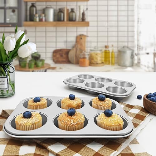 Satax Muffin Pan for Baking, Nonstick Cupcake Tin 6 Cup,sets of 2,Heavy Duty Steel Muffin Pan (Silver, 6-cup)