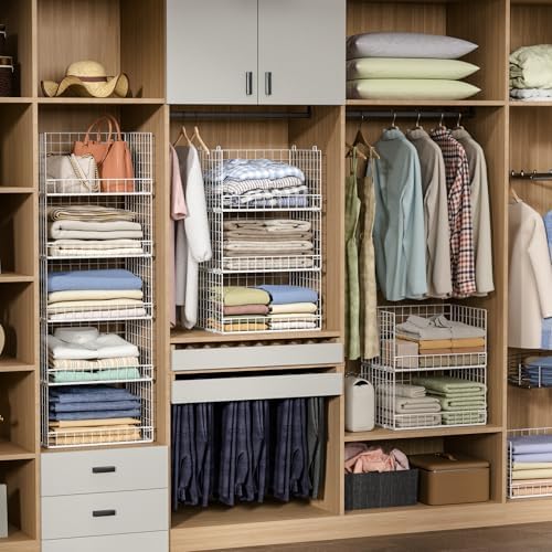 Yociyoga 5-Tier Stackable Closet Organizers and Storage Basket - Foldable Closet Shelf Organizer System, Space-Saving Clothes Storage Bins Drawer Organizer for Wardrobe, White (Patent 30022416)