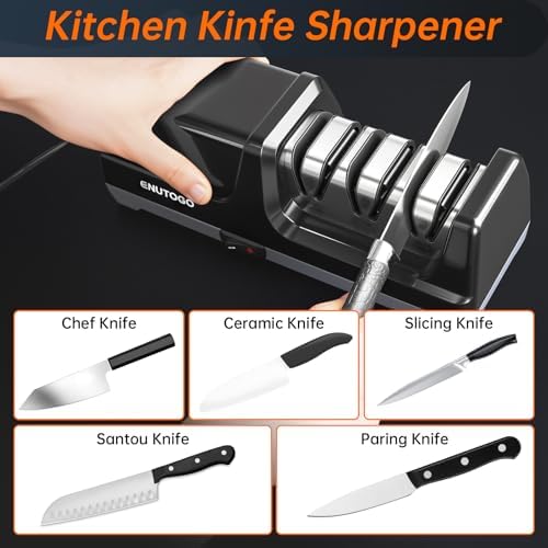 Enutogo Knife Sharpener, Professional 3-Stage Electric Knife Sharpener for Kitchen Knives, 100% Diamond Abrasive for 20° Precision Angle Guide, Quickly Sharpening and Polish Blades