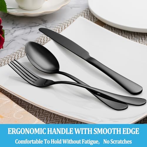 60 Pcs Black Silverware Set, Stainless Steel Serving Sets Service for 12, Mirror Polished Serving Utensils Set, Durable Home Kitchen Eating Tableware Set, Include Fork Knife Spoon Set,Dishwasher Safe