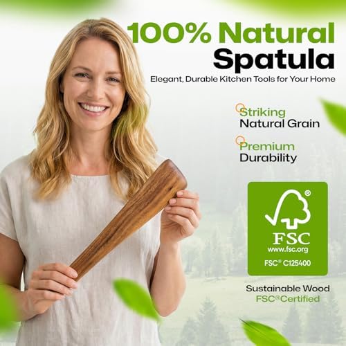 AIUHI 12 Inch Wooden Spatula for Cooking, Non-Stick Safe Teak Spatula Turner, Wooden Egg Flipper & Scraper, Essential Wooden Cooking Utensils for Kitchen