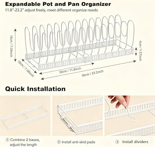 Expandable Pot and Pan Organizer for Cabinet, 14 Adjustable Dividers, Versatile Pan Holder Storage Rack, Extends from 12'' to 23'', Fits Cabinets, Countertops, or Under Sink, White, Iron