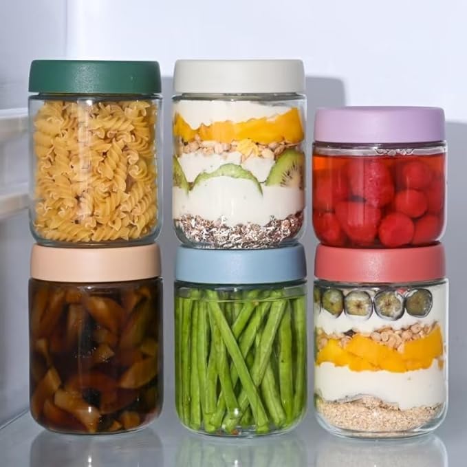 Overnight Oats Containers with Lids 16 oz Glass Jars 6 Pack Glass Mason Jars with Airtight Lids, Perfect for Oats, Yogurt, Chia Pudding, Snack
