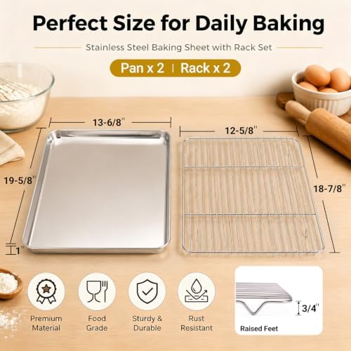 Onader Large Baking Cookie Sheet with Cooling Rack Set, Stainless Steel Baking Sheet Pan, 19⅝ x 13¾ Inch Metal Oven Baking Tray, Nonstick & 1 Inch Deep, 2-Pack (Includes 2 Pans + 2 Racks)