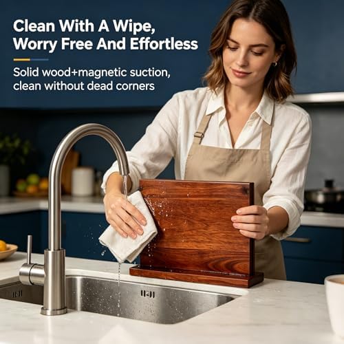 Magnetic Knife Blockr- Acacia Wood Strong Magnetic Knife Holder, Secure Knife Storage Organizer | Chef Tools & Space Saving for Kitchen Knives (brown)