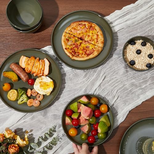 Pokini Stoneware Dinnerware Sets for 4, 12pcs Plates and Bowls Sets Dishes