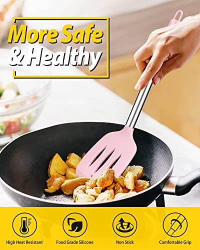 Pack of 4 Silicone Cooking Utensils Set, Non Stick Large Solid Spatulas, Heat Resistant Pink Slotted Spoons, Ideal BPA Free Kitchen Turners for Frying, Mixing,Serving,Draining,Turning,Stirring