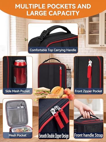 Lunch Box Insulated Lunch bag for Men Teen Kids Boys Adult Portable Stylish Small Lunchbox Special Design for Working Office school Picnic (Black Red 6L(Without Shoulder Straps))