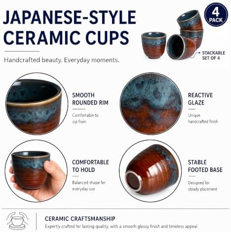 Ceramic Japanese Tea Cups, 5 oz Tea Cup, Chinese Tea Cup, Asian Teacup, Teacups, Set of 4, Peacock Tail