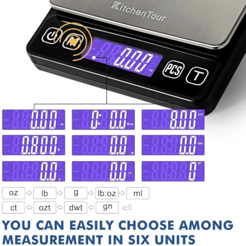 KitchenTour Digital Kitchen Gram Scale - 3000g/0.1g - High Accuracy Precision Food Scale with 9 Units(g/oz/ml/lb/lb:oz/gn/ozt/DWT/ct) - Meat Scale with Back-Lit LCD Display(Batteries Included)