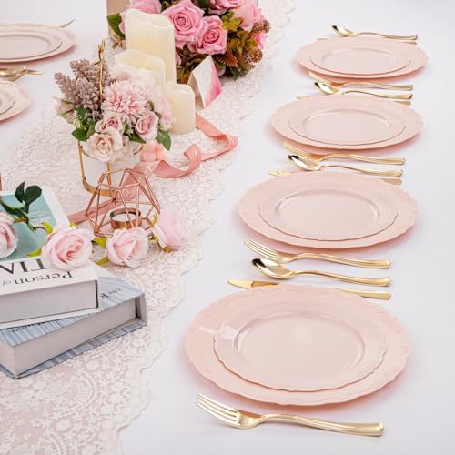 U-QE 100PCS Mauve Pink Plastic Plates - Heavy Duty Pink Disposable Plates