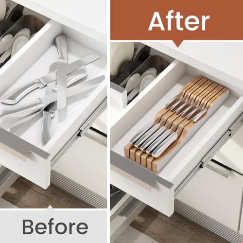 In-Drawer Knife Block Organizer - Bamboo Wood Drawer Knife Organizer-Protecting Knife Organizer Block (Not Included) (White, 11 Knives Dock)
