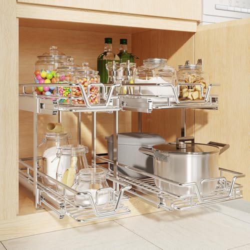 2-Tier Kitchen Cabinet Pull Out Shelf and Drawer Organizer Slide Out Pantry Storaqe Basket in Multiple Sizes (15" W x 21" D)
