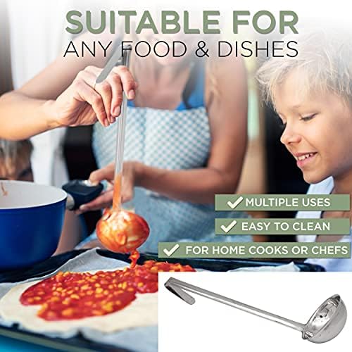 Fit Meal Prep [2 Pack] Stainless Steel Soup Ladle - One-Piece Sauce Spatula w/Hook Handles, Commercial Grade Serving Spoon, Kitchen Tool for Restaurant or Home Cooking, Mirror Finish, 14.25" Long