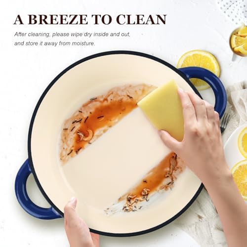 Overmont Enameled Cast Iron Dutch Oven - 4.5QT Pot with Lid Cookbook & Cotton Potholders - Heavy-Duty Cookware for Braising, Stews, Roasting, Bread Baking IndigoBlue