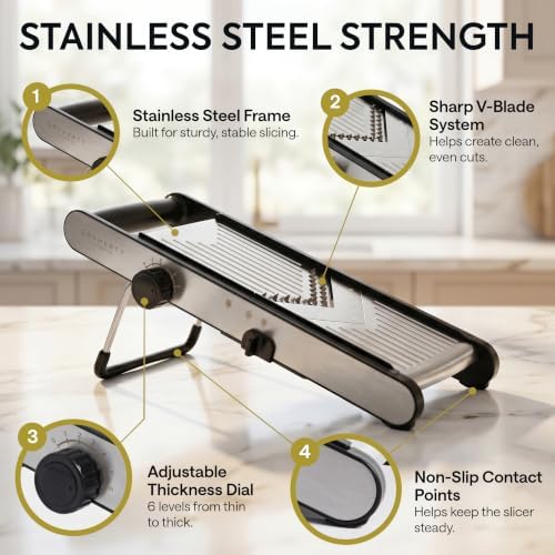 Gramercy Mandoline Slicer for Kitchen, Adjustable V-Blade, 36 Slice Options
