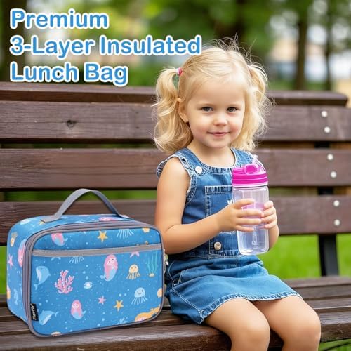 FlowFly Kids Lunch box Insulated Soft Bag Mini Cooler Back to School Thermal Meal Tote Kit for Girls, Boys, Mermaid