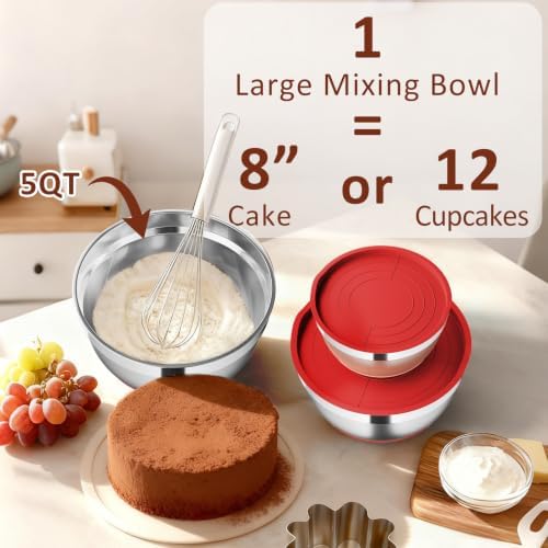 9 Pack Mixing Bowls with Airtight Lids & Grater Attachments, Red