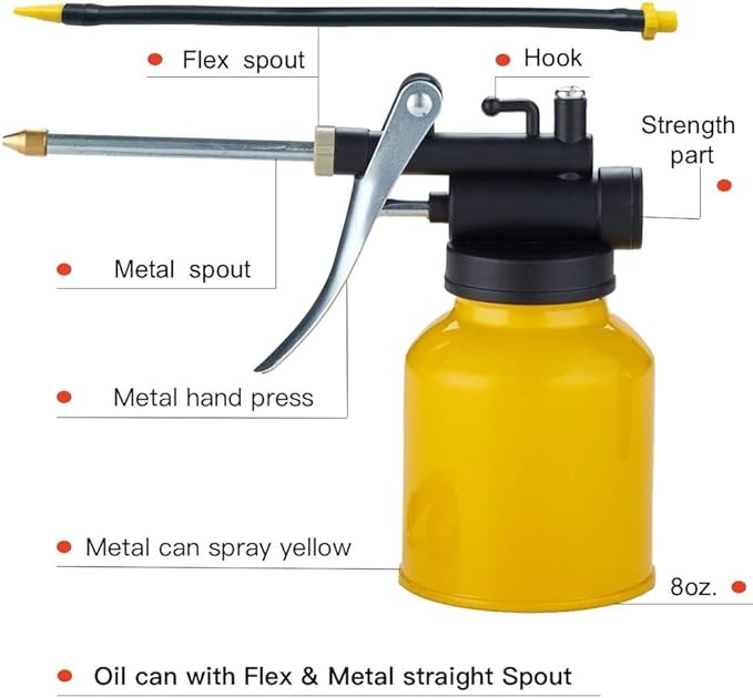Hand Pump Oiler Can Professional Level 8 oz. Capacity Pump Oiler with Metal & Long Flex Spout