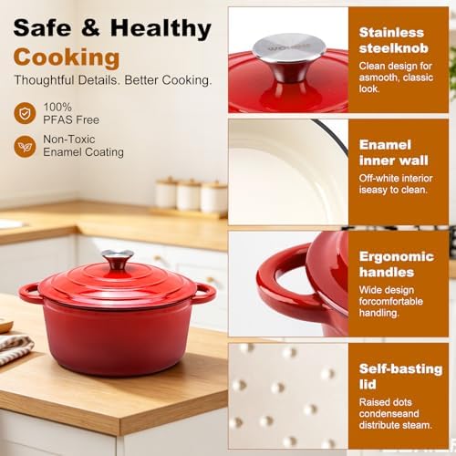 4-QT Enameled Cast Iron Round Dutch Oven With Lid,Oven safe,Red