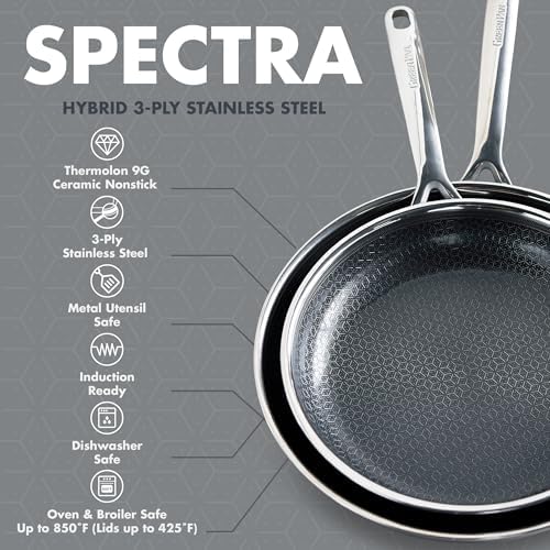 GreenPan Spectra 10 Piece Cookware Set,Hybrid Tri-Ply Stainless Steel, PFAS-Free Ceramic Nonstick Textured Cooking Surface,Induction Pots & Pans with Lids, Dishwasher Safe,Oven & Broiler Temp to 850˚F