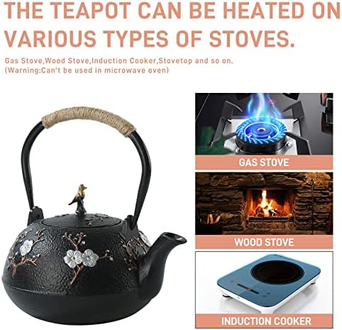 Cast Iron Teapot SECHUDO Teapot for Stovetop Safe Coated with Enameled Interior,Japanese Beautiful Tea Kettle with Stainless Steel Infuser for Loose Tea (40.6oz/1200ml)