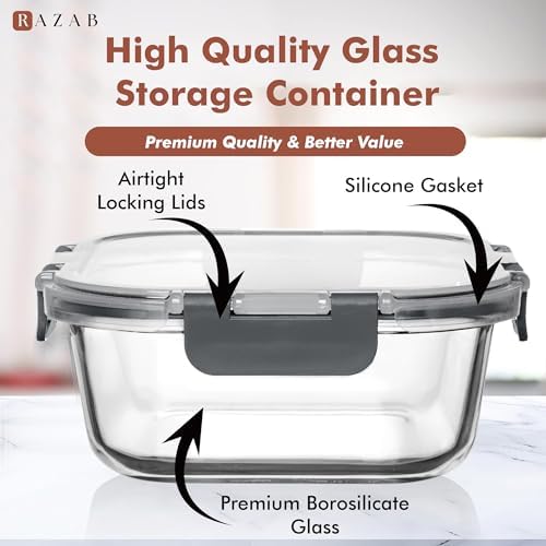 Razab 2 PC 1200ML / 41 Oz Glass Food Storage Containers with Lids - Airtight & Leakproof - Microwave/Oven/Freezer Safe - BPA Free - Ideal for Meal Prep, Storing Leftover & Lunch