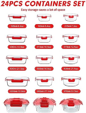 VERONES 12 Packs Glass Food Storage Containers Set with Lids, Red