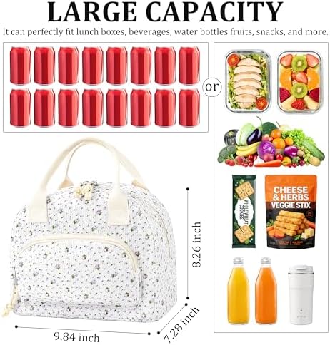 TESAFNG Lunch Bag - Insulated Lunch Box for Women, Reusable Large Capacity Cooler Bag for Adult, Small Leakproof Cute Corduroy Lunch Tote for Work Office Travel Picnic (Purple Flower)