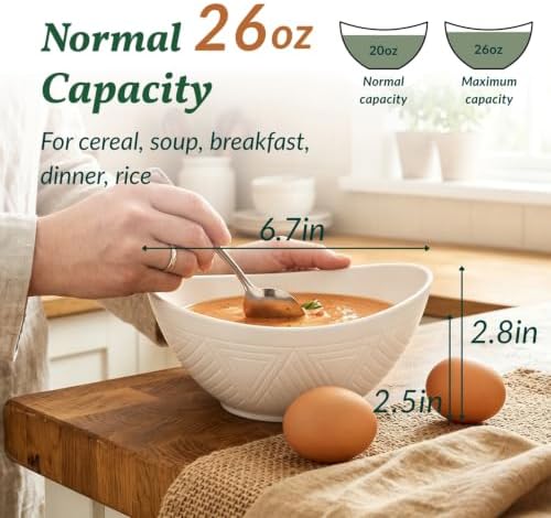 Homienly Wheat Straw Bowls 26 OZ Serving Bowls Set of 6 Unbreakable Salad Bowls for Breakfast, Cereal, Soup, Snack Mcirowave and Dishwasher Bowls Set for Kitchen, Camping, Party (White)