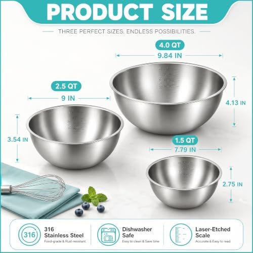 Stainless Steel Mixing Bowls Set of 3, 1.5/2.5/4 Qt, Nesting Bowls