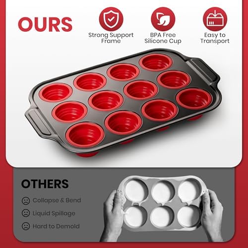 Silicone Muffin Pans for Baking with Metal Frame - 12 Cups Cupcake Pans