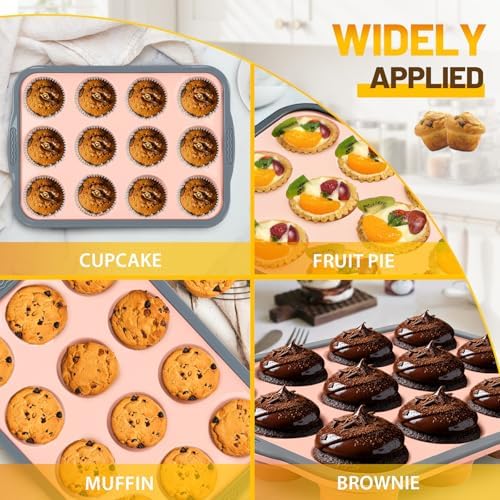Silicone Muffin Pan, 12 Cups Non-Stick Cupcake Pan, Food-Grade BPA-Free Muffin Tin, Oven-Safe 450 °F, Reinforced Steel Frame, Easy-Grab Handles, Quick-Release 2.3" Baking Molds for Mini Treats