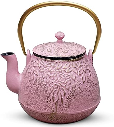 TOPTIER Japanese Cast Iron Teapot with Infuser, Stovetop Safe, Leaf Design Tea Kettle, Enameled Interior, 32 Ounce (950 ml), Blush Pink