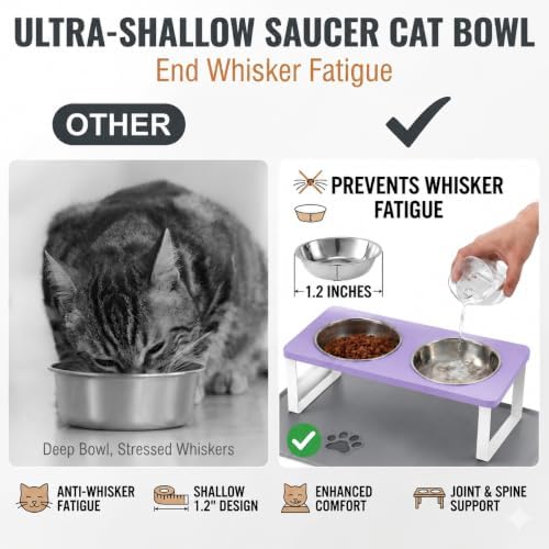 Summark Upgraded Elevated Cat Bowls with Food Mat,15°Tilted Stand Anti Vomiting Raised Cat Dishes for Food and Water,2 Stainless Steel Bowls for Cats and Puppy（Lavender）