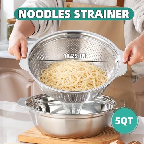 Colander for Kitchen Microporous, 5QT Strainer with Mixing Bowl Large Capacity, Stainless Steel Colander with Handle for Washing Vegetables, Fruit, Rice and Draining Cooked Pasta(2PC)