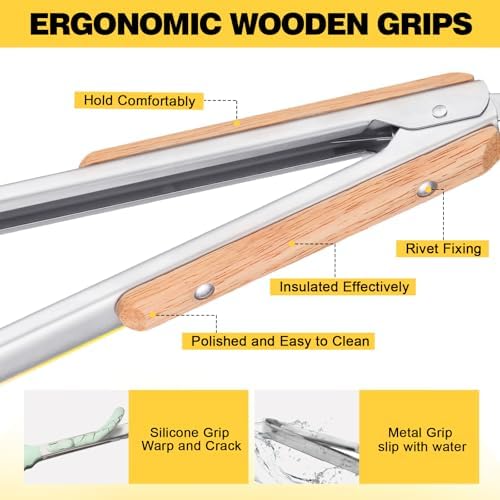 Premium Metal Kitchen Tongs for Cooking - Heat Resistant 1100°F Stainless Steel Tongs with Comfortable Wooden Grips - Perfect for Grill, Salad, Toaster, Cooking, and Serving Food (12-inch)