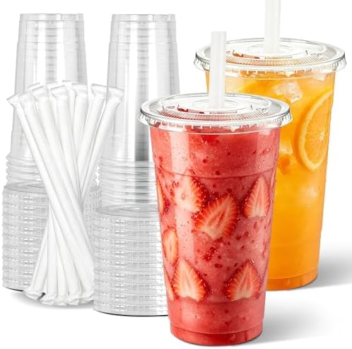 Ginkgo 32 oz Clear Plastic To Go Cups with Lids and Straws