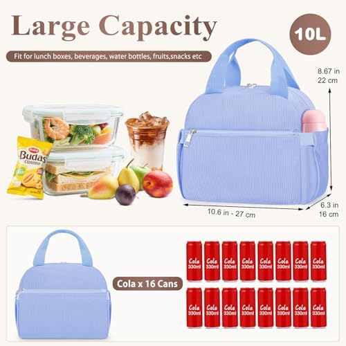 KUBYA Lunch Box for Women, Cute Grids Corduroy Insulated Lunch Bag Women Reusable Work Simple Adults Large Lunch Boxes Tote Bag Men Cooler Bag