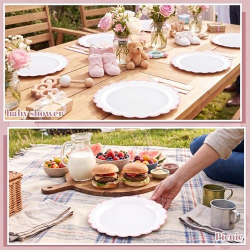 NatNarr 30 Pk Pink Paper Plates 9" Scalloped Pink White Party Plates