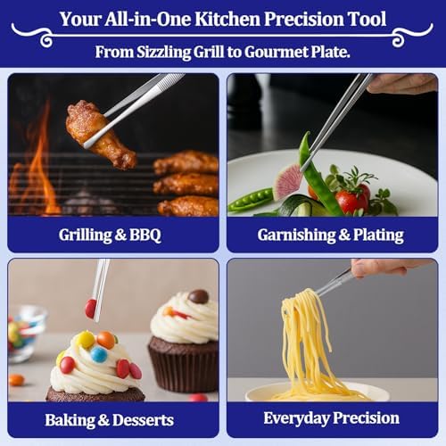 12-inch Stainless Steel Cooking Tongs & Tweezers, Non-Slip Grip & Serrated Tips for Grilling, Baking, Garnishing, BBQ, Kitchen & Craft Use (Round Tip)
