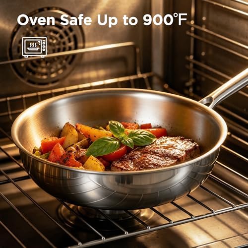 COOKER KING 11" Wok Pan with Lid, Stainless Steel Deep Skillet for Stir-Fry