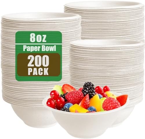 Tiaiidi 200 PACK White Paper Bowls,8 oz Compostable Disposable Bagasse Bowls,Heavy-Duty Biodegradable Paper Bowls,Eco-Friendly Sugarcane Fibers Bowls for Salad,Cereals,Snacks,Dessert,Candy
