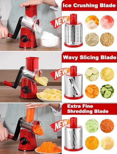 Geedel Rotary Cheese Grater Vegetable Shredder With 6 Interchangeable Blades No Slip Suction Base, Mandoline Slicer & Food Chopper for Cheese, Ice, Nuts, Vegetables, Veggie