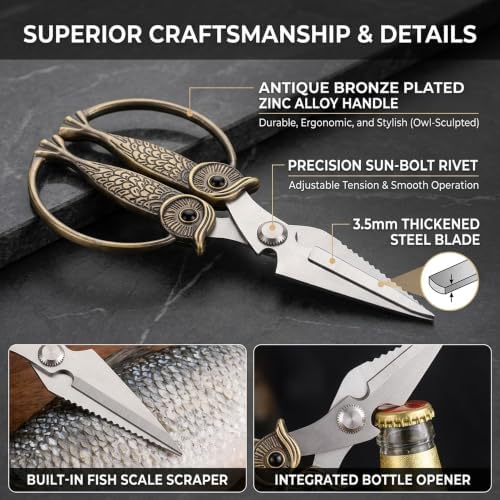 XSNBRD Heavy Duty Kitchen Scissors Bronzed Stainless Steel Owl Shears Large