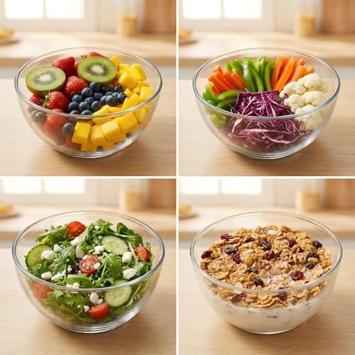 Borosilicate Glass Bowls Set of 4 (6.7 Inch, 1.1 QT) - Heavy-Duty, Scratch Resistant & Lead-Free, Oven to Freezer Safe, Perfect for Meal Prep, Baking, Serving, Entertaining