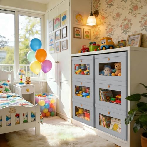 DIMJ Storage Bins with Lids - 6 Pack Fabric Closet Organizer with Window & Handles, Collapsible Decorative Storage Boxes for Shelves Under Bed, Books Clothes Blankets Sweaters Organization